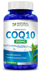 Generic Natural Vitamin CoQ10 200mg bottle with easy-to-swallow capsules for daily energy support.