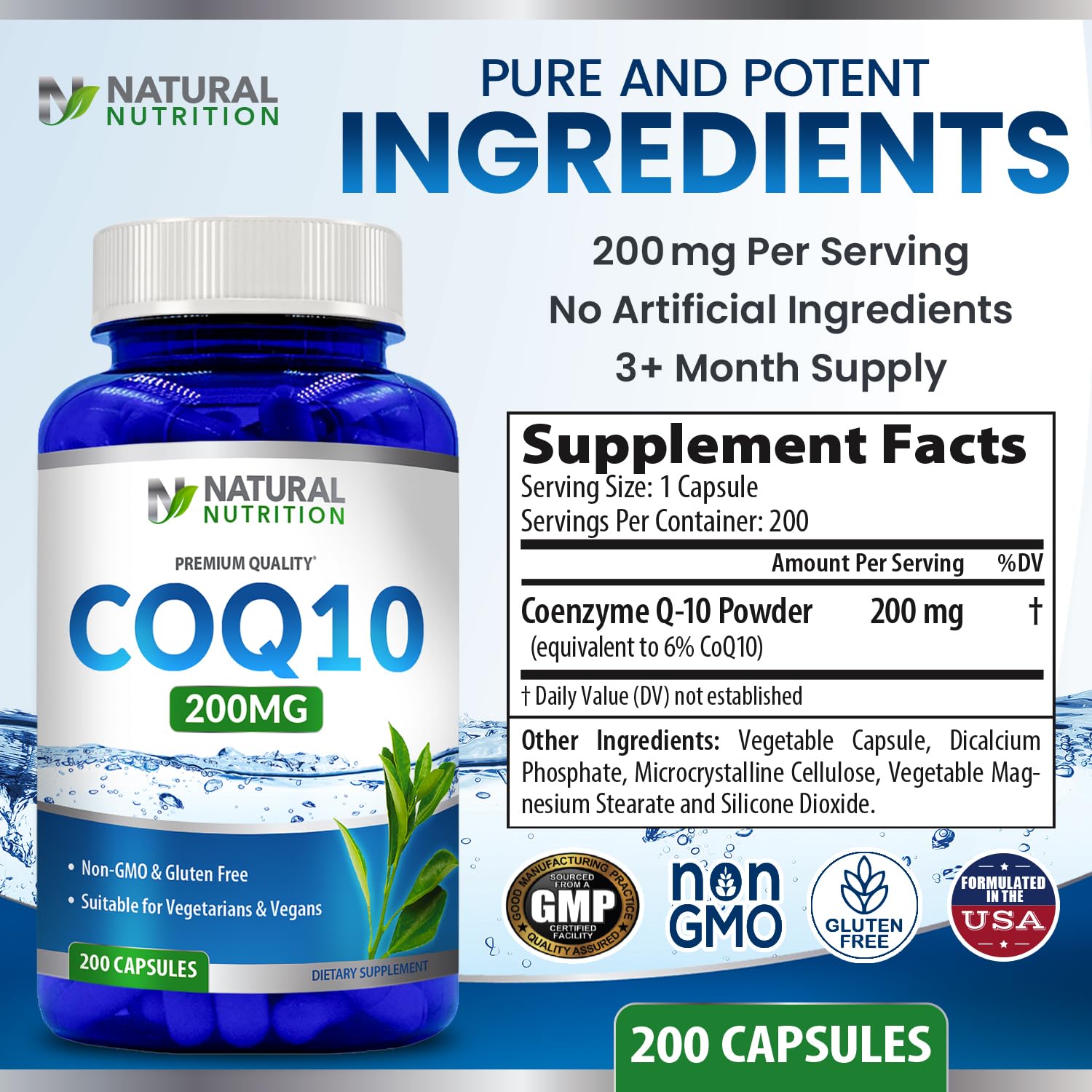 Gluten free mark on Generic Natural Vitamin CoQ10 communicates allergen-conscious nutrition.