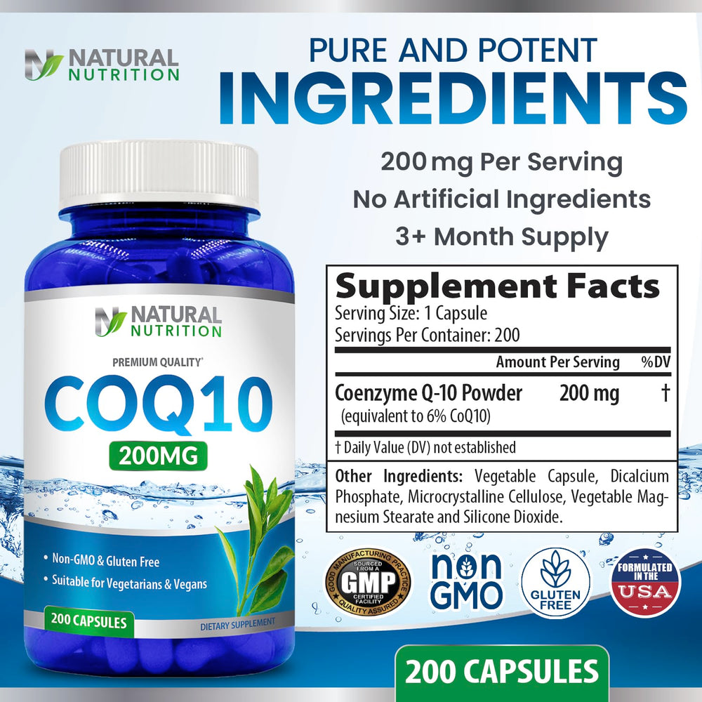 Gluten free mark on Generic Natural Vitamin CoQ10 communicates allergen-conscious nutrition.