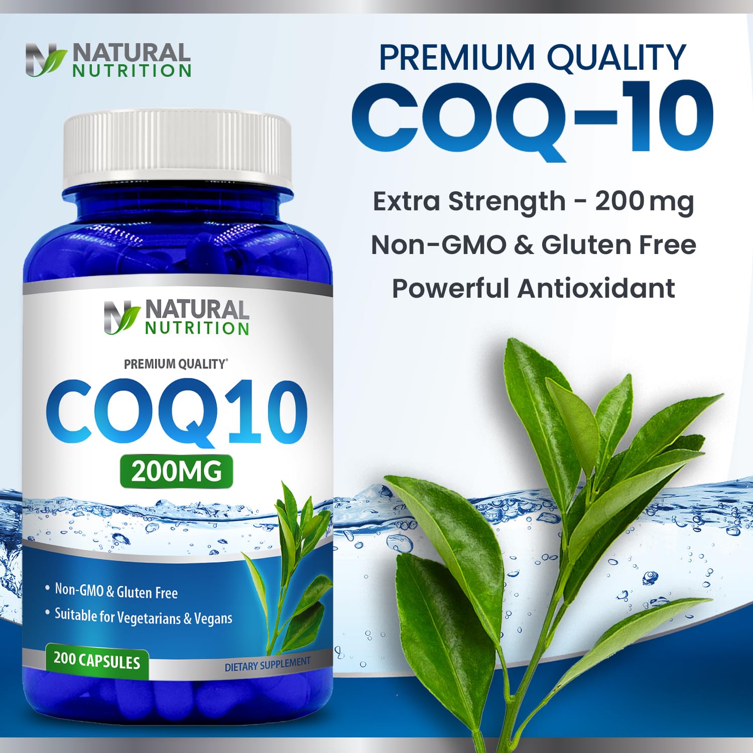 Ingredient panel of Generic Natural Vitamin CoQ10 shows vegan-friendly vegetable capsules and clean formulation.