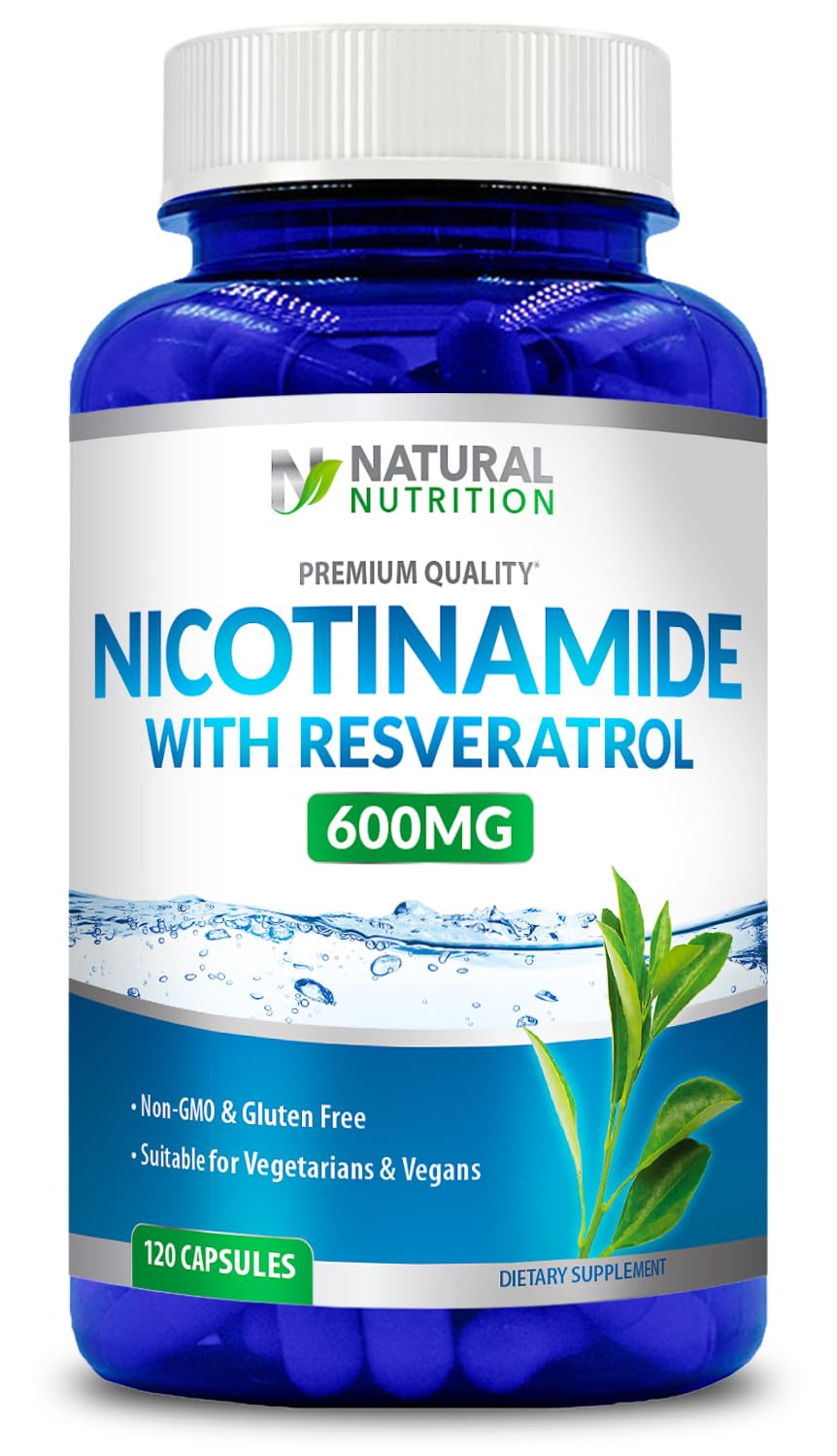 Generic Nicotinamide with Resveratrol bottle front view highlighting 120 veggie capsules for daily vitality.