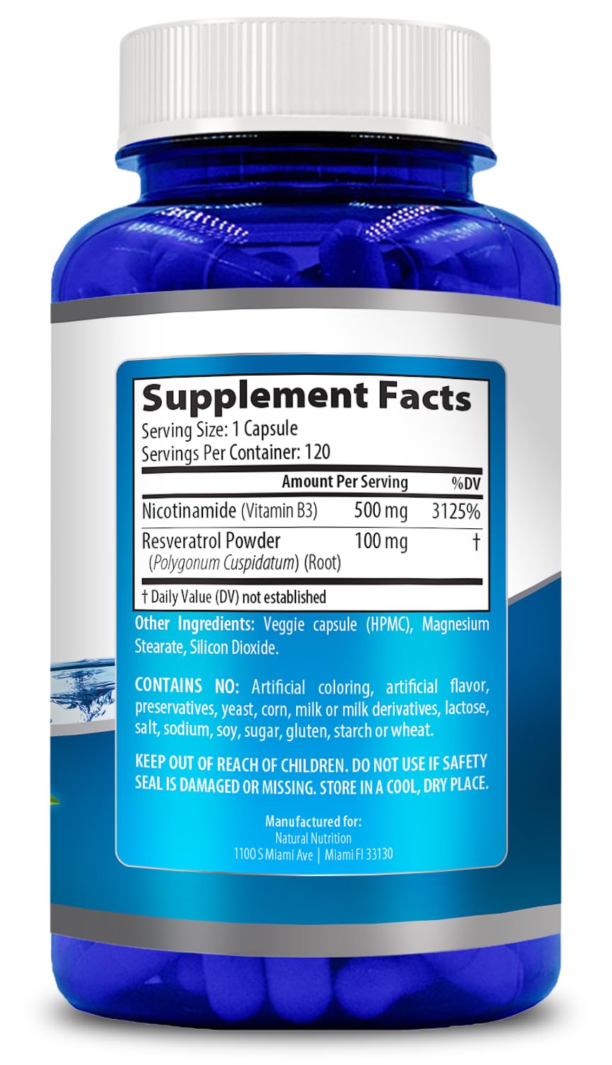 Generic Nicotinamide with Resveratrol bottle displays gluten-free and Non-GMO badges for clean nutrition.