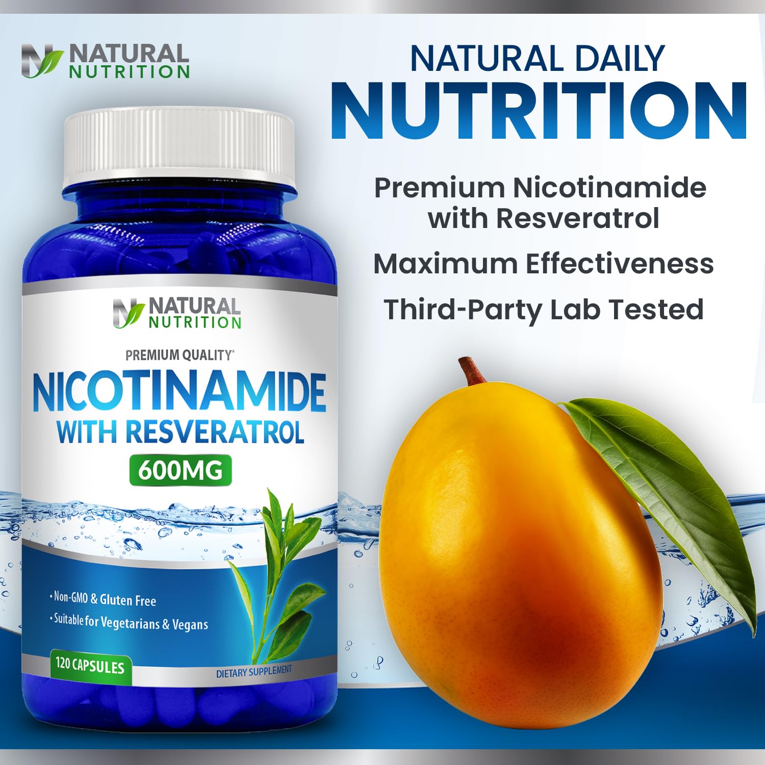 Generic Nicotinamide with Resveratrol pictured with fruits to promote a healthy lifestyle.