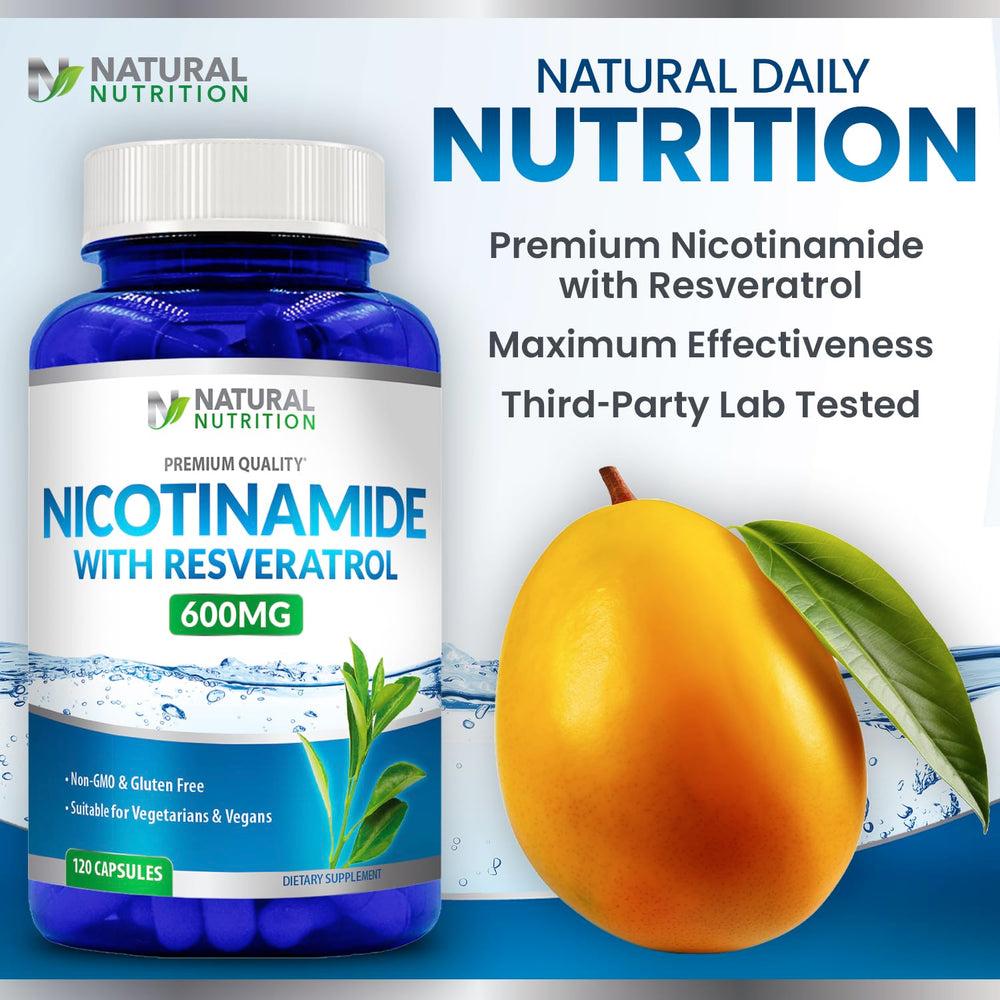 Generic Nicotinamide with Resveratrol pictured with fruits to promote a healthy lifestyle.