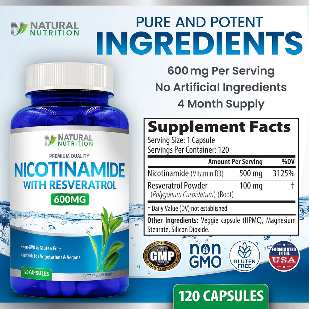 Generic Nicotinamide with Resveratrol label highlights plant-based veggie capsules and ingredients.