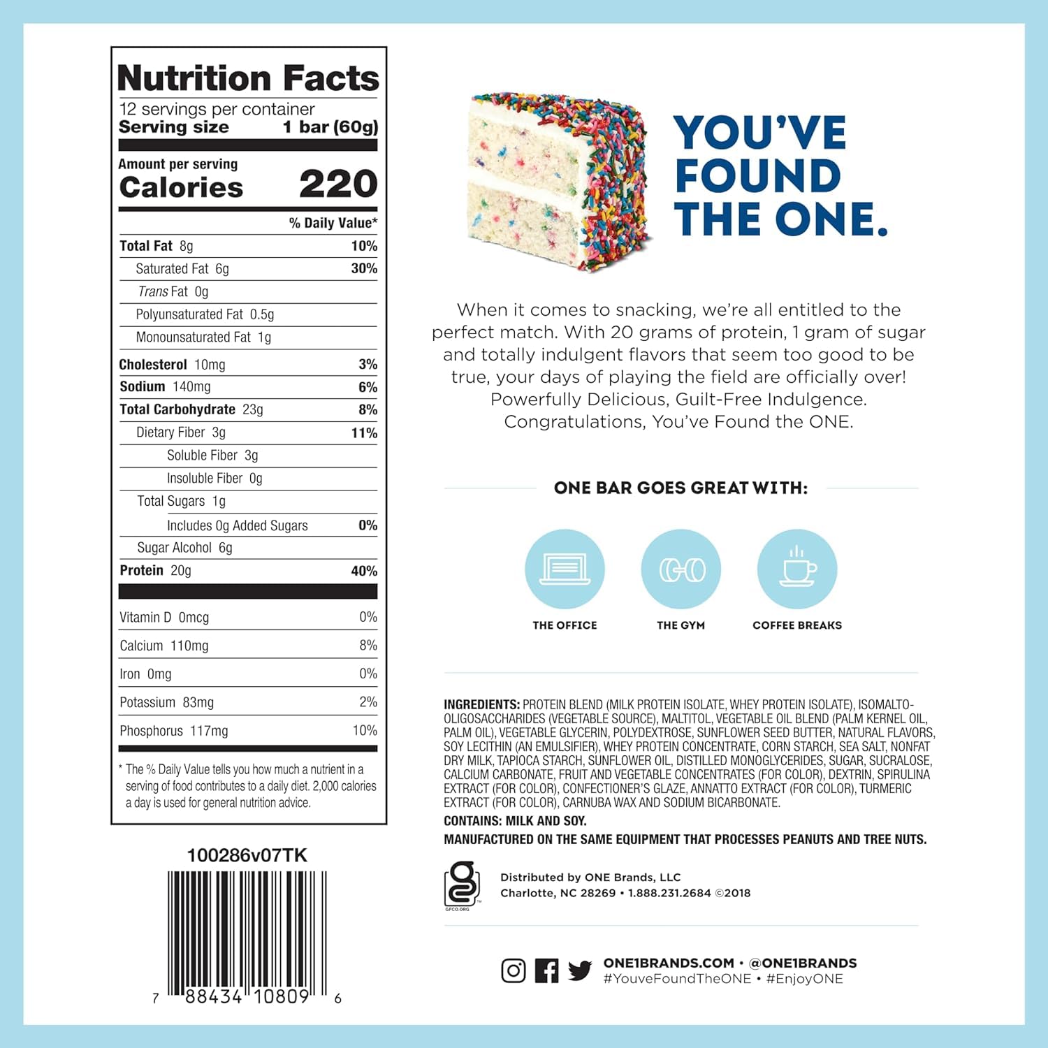 Generic ONE Protein Bars gluten-free packaging highlights 20g protein per bar.