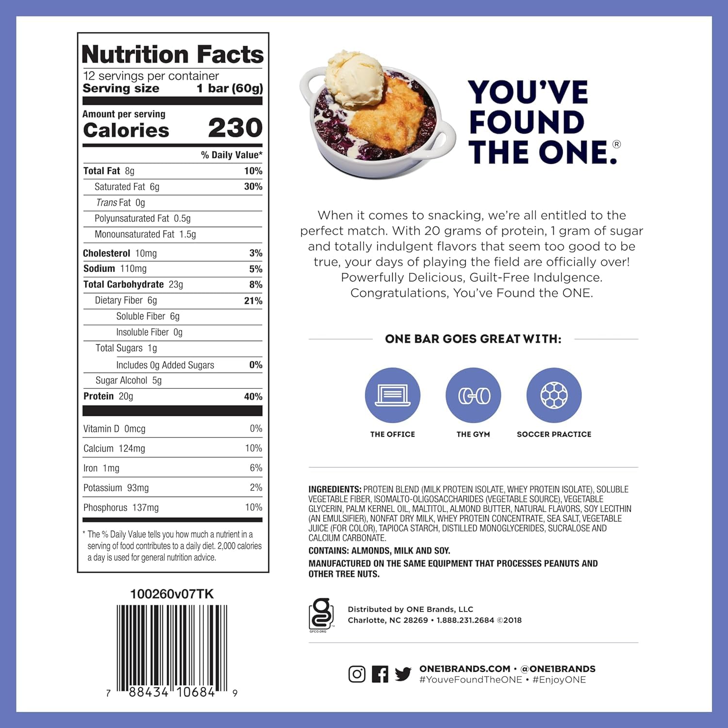 Generic ONE Protein Bars 20g protein and 1g sugar visible on label