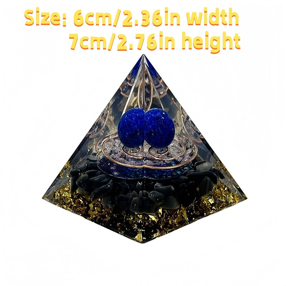 Generic orgone pyramid close-up showing amethyst ball and gold leaf detail.