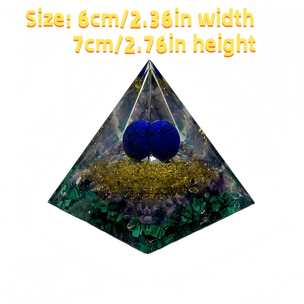 Generic Orgone Pyramid close-up showing natural crystals and gold leaf details for focus.