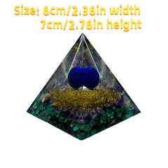 Generic Orgone Pyramid close-up showing natural crystals and gold leaf details for focus.