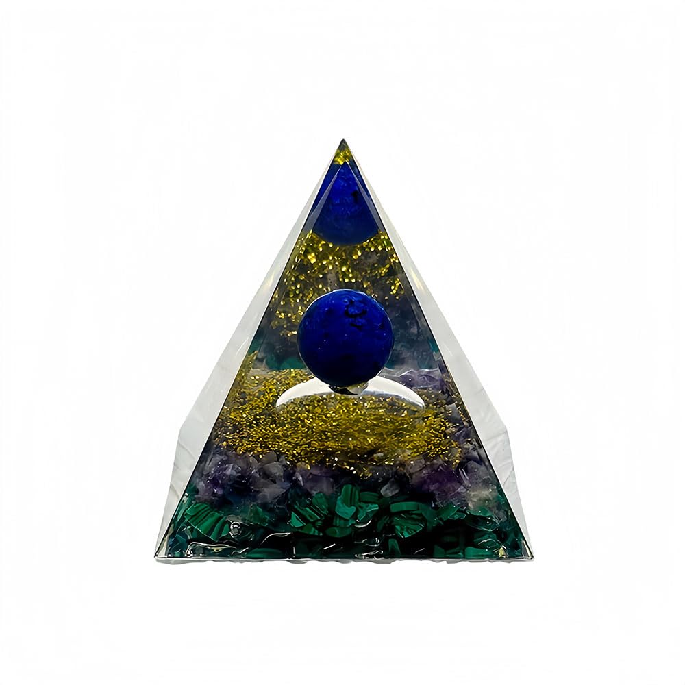 Generic Orgone Pyramid with amethyst and obsidian, front view for calm energy.