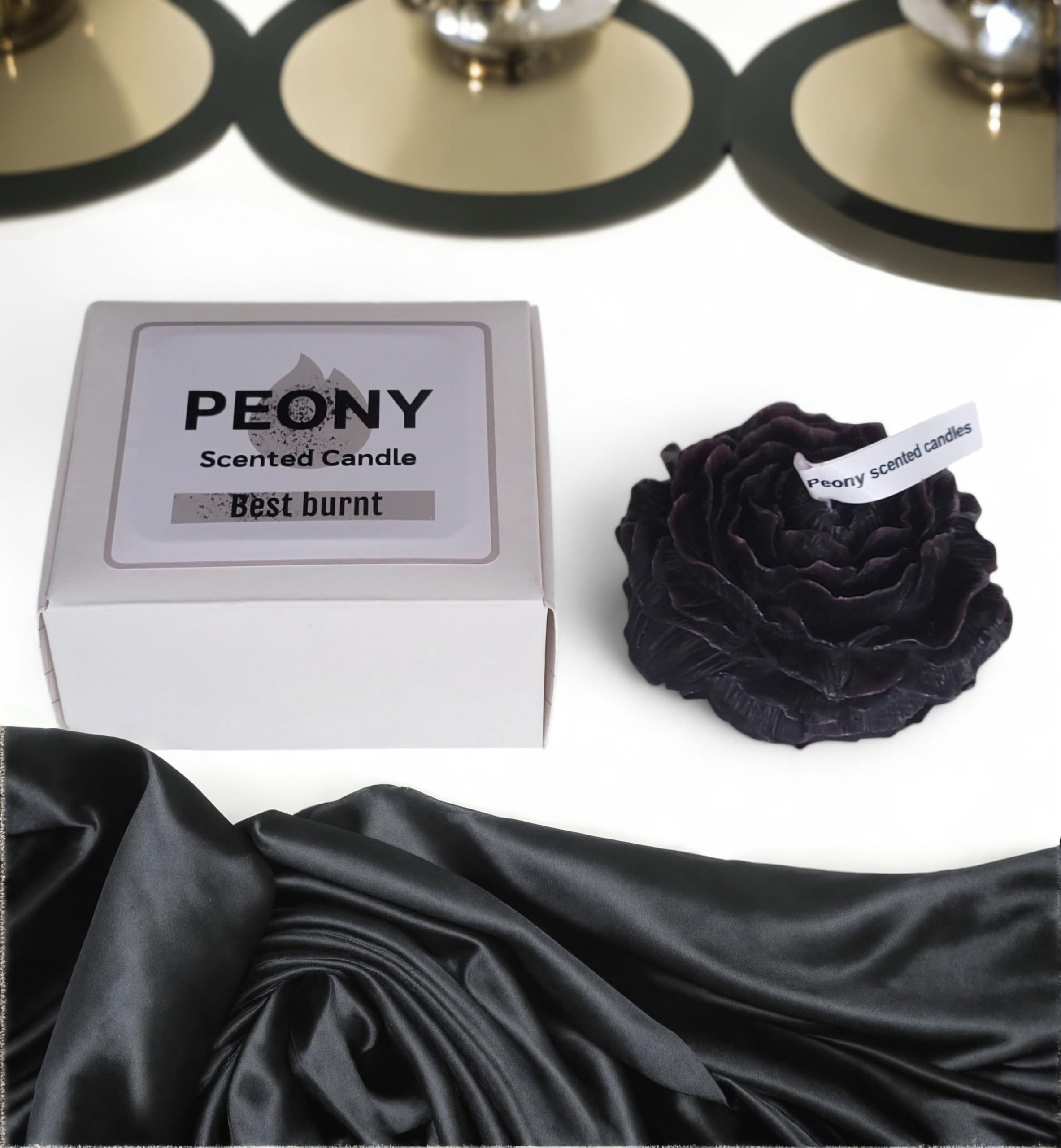 Generic Peony Flower Candle gift box with ribbon ready to gift.