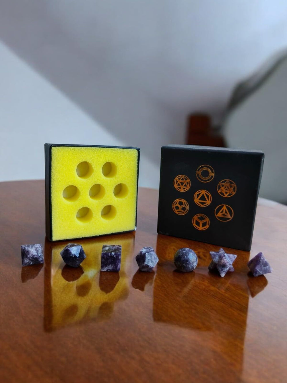 Generic Sodalite platonic solids crystal stones close-up focus for meditation