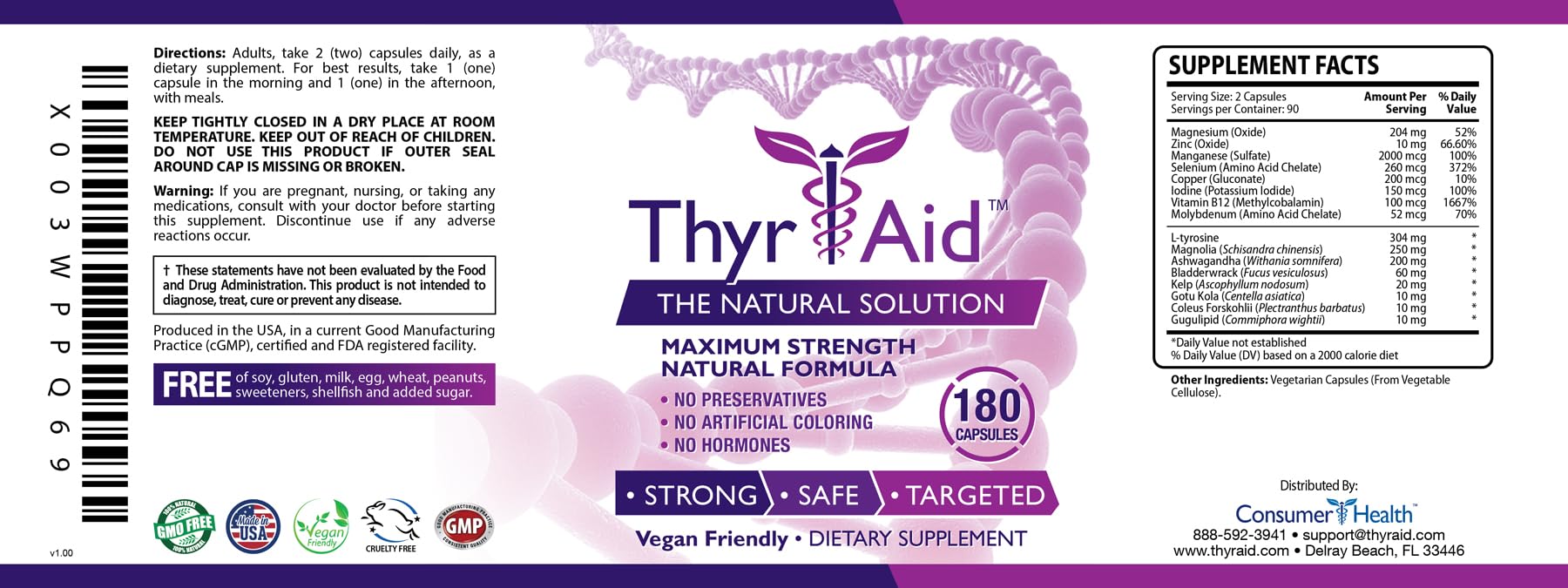 Generic ThyrAid ingredients label showing iodine and kelp for thyroid support