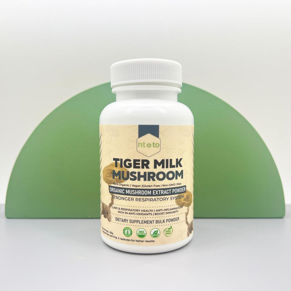 Generic Tiger Milk Mushroom bottle with 60 capsules for respiratory support.