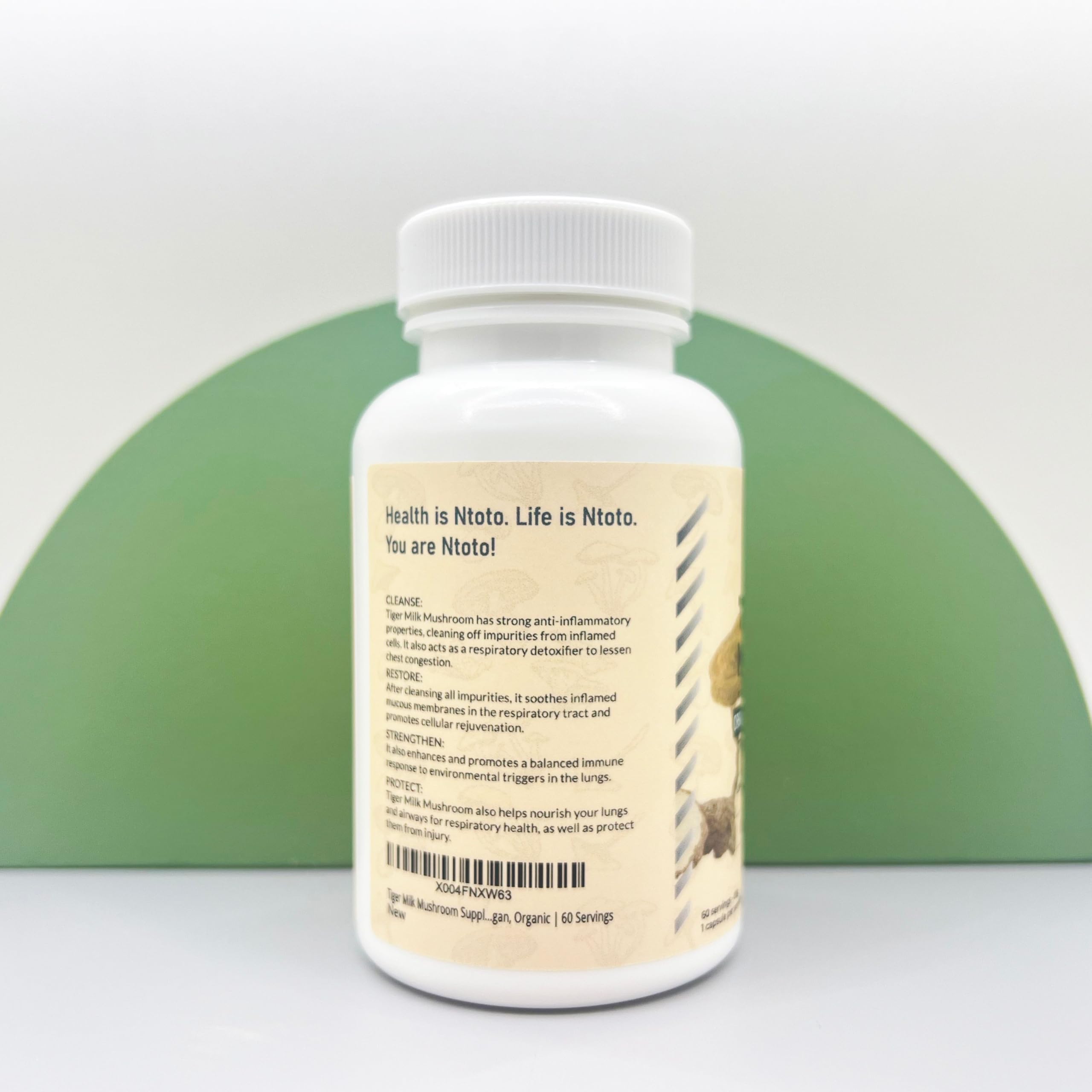 Generic Tiger Milk Mushroom label highlights vegan, organic, non-GMO ingredients.