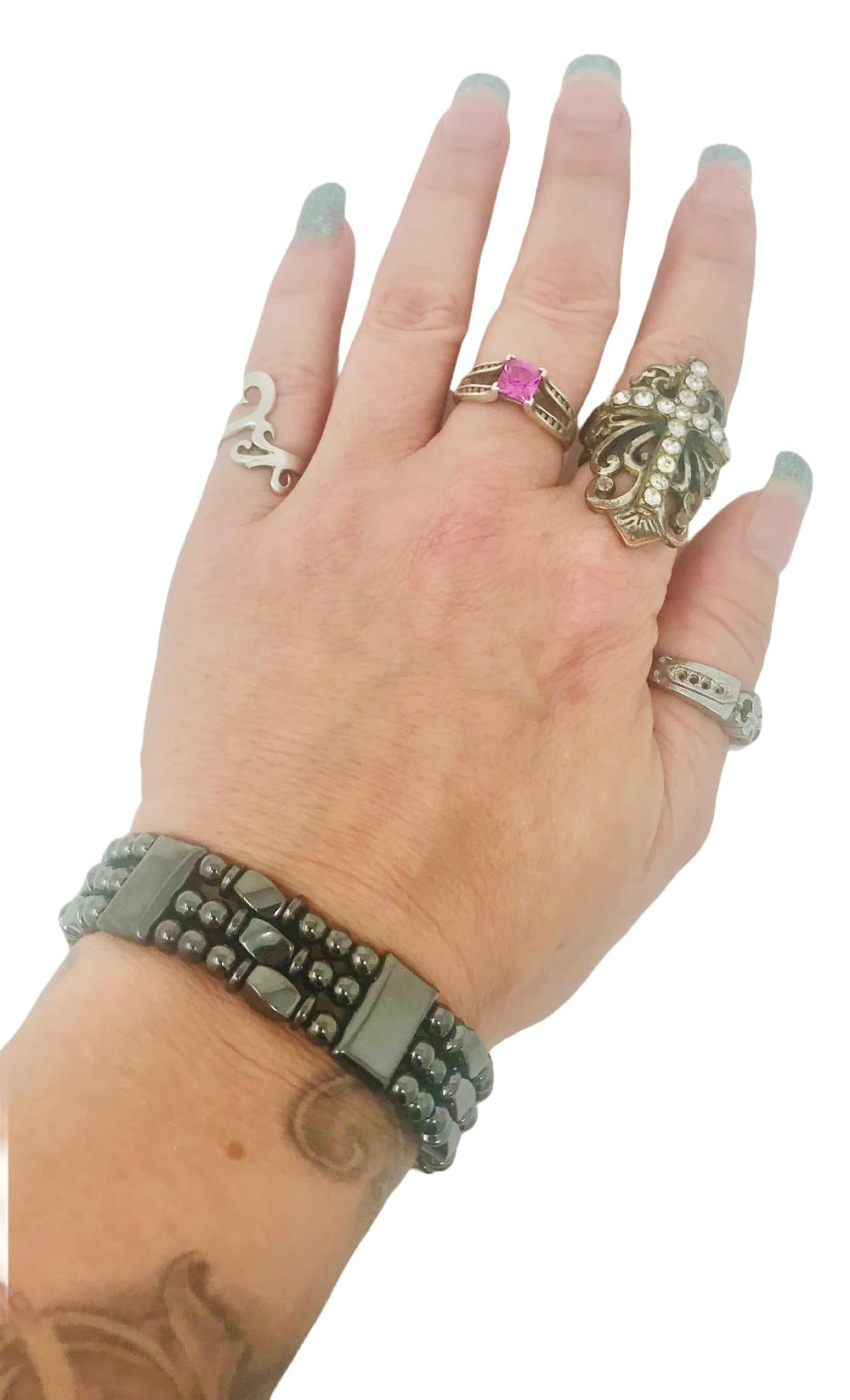 Generic Tri-Power hematite bracelet packaging shows gift-ready presentation.