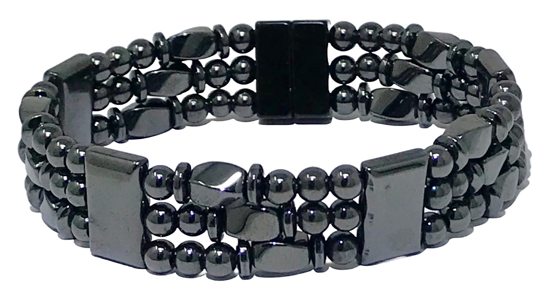 Generic Tri-Power hematite bracelet on wrist supports circulation.
