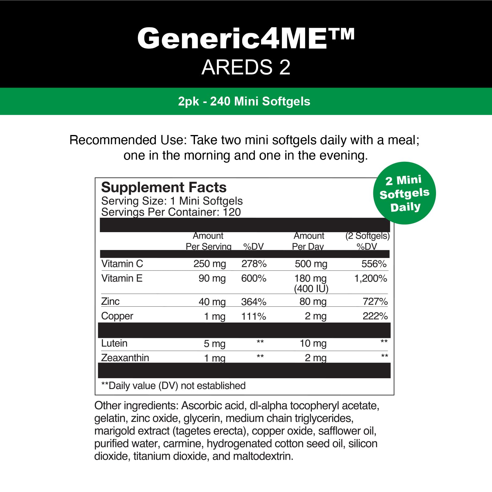 Generic4ME AREDS2 softgels packaging shows a 120-count two-month supply for convenience.