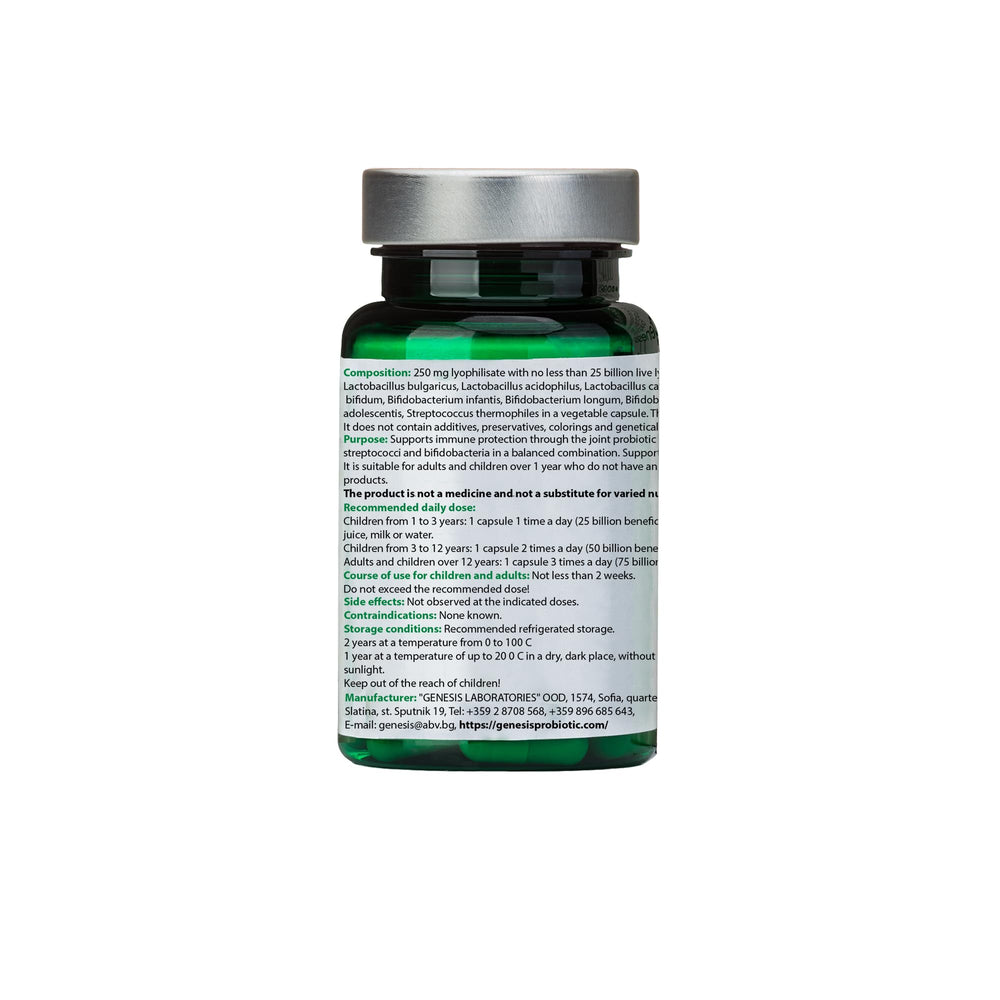 Genesis Laboratories Bio Probiotic capsules close-up highlighting easy-to-swallow pills for gut health.