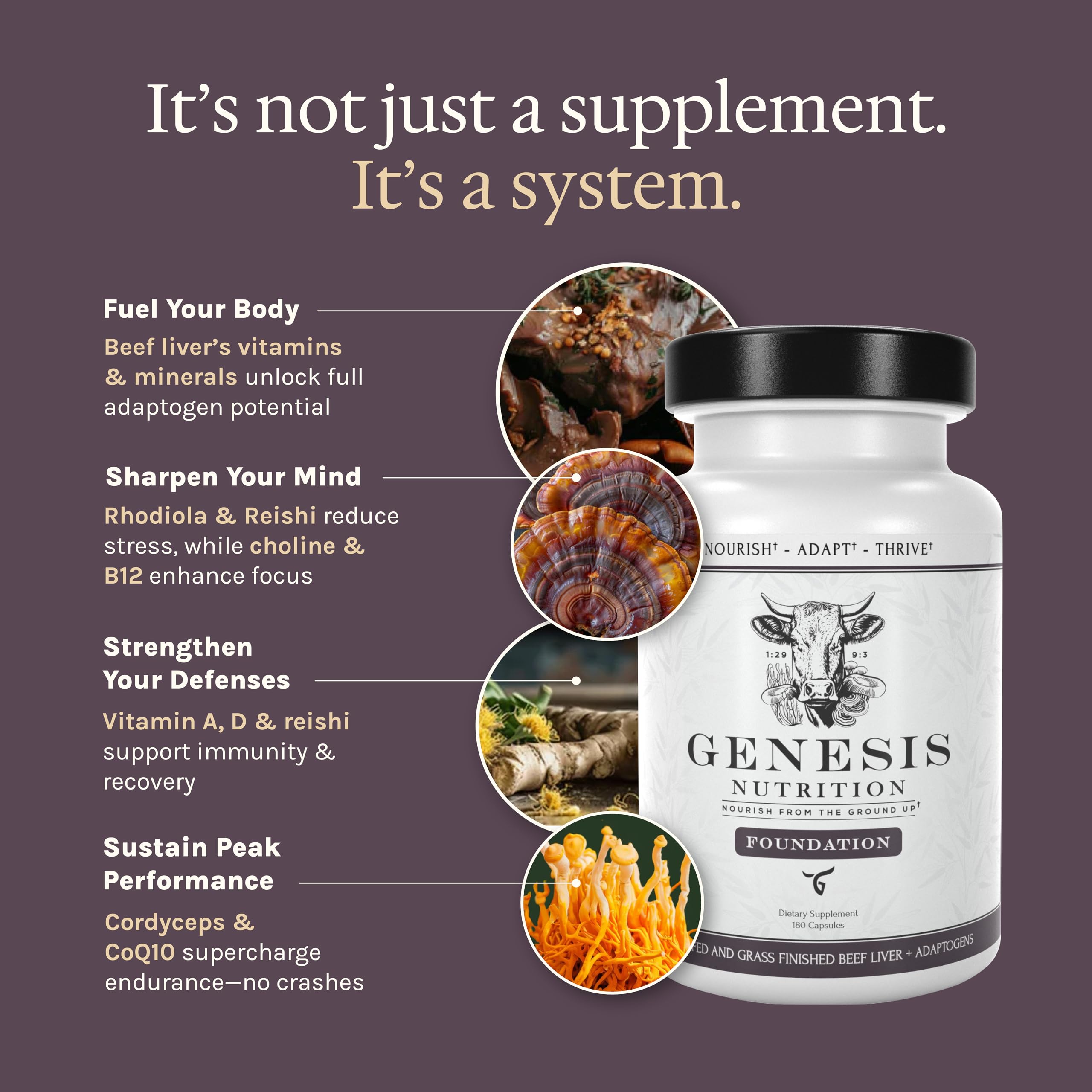 Genesis Nutrition Advanced Beef Liver cap closeup highlights capsule quality and freeze-dried potency.