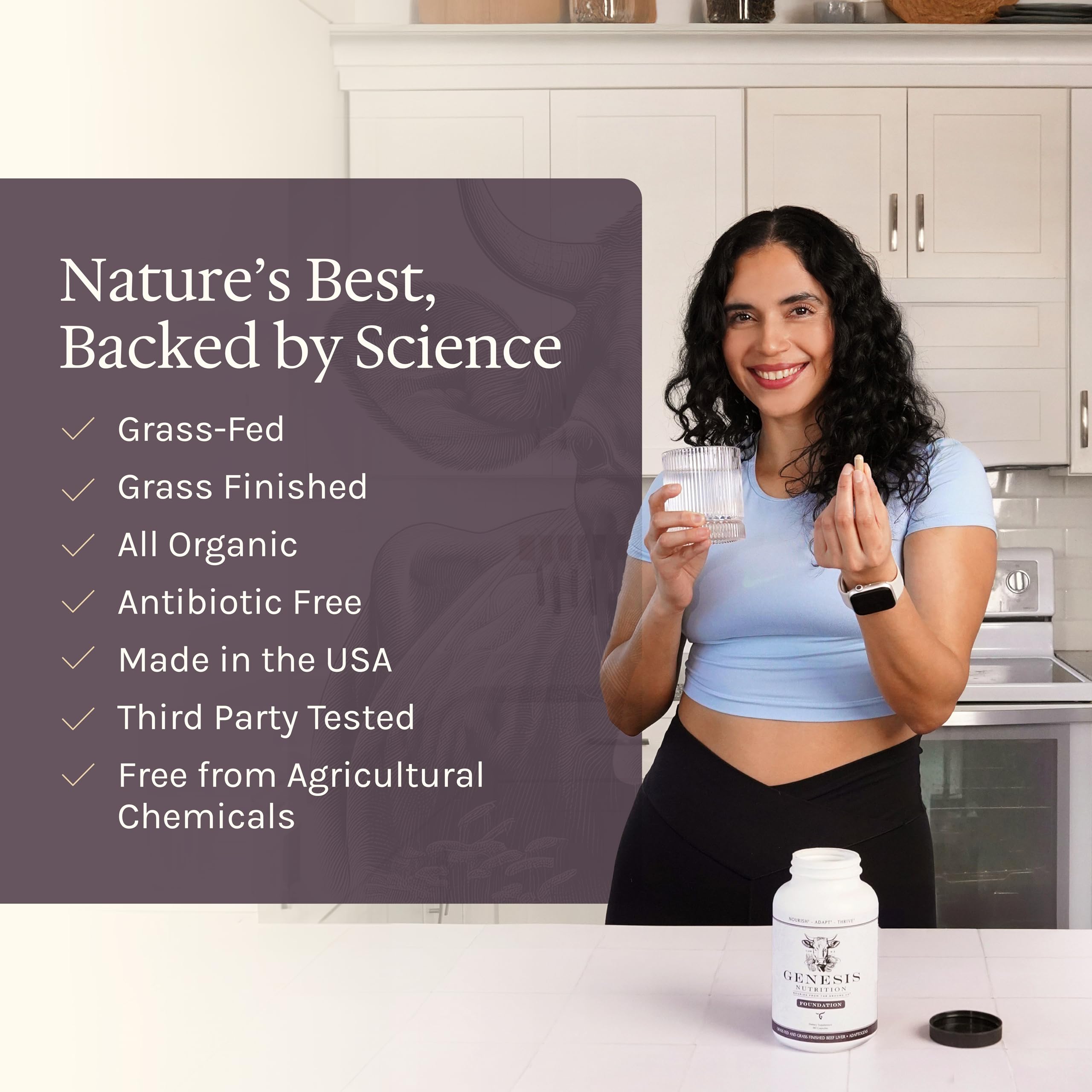 Genesis Nutrition Advanced Beef Liver freeze-drying process illustration suggests nutrient preservation.