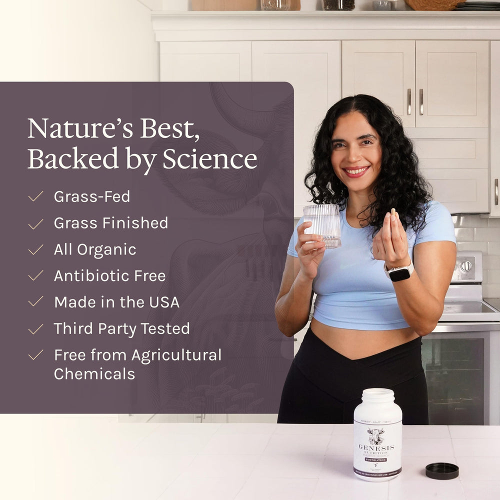 Genesis Nutrition Advanced Beef Liver freeze-drying process illustration suggests nutrient preservation.