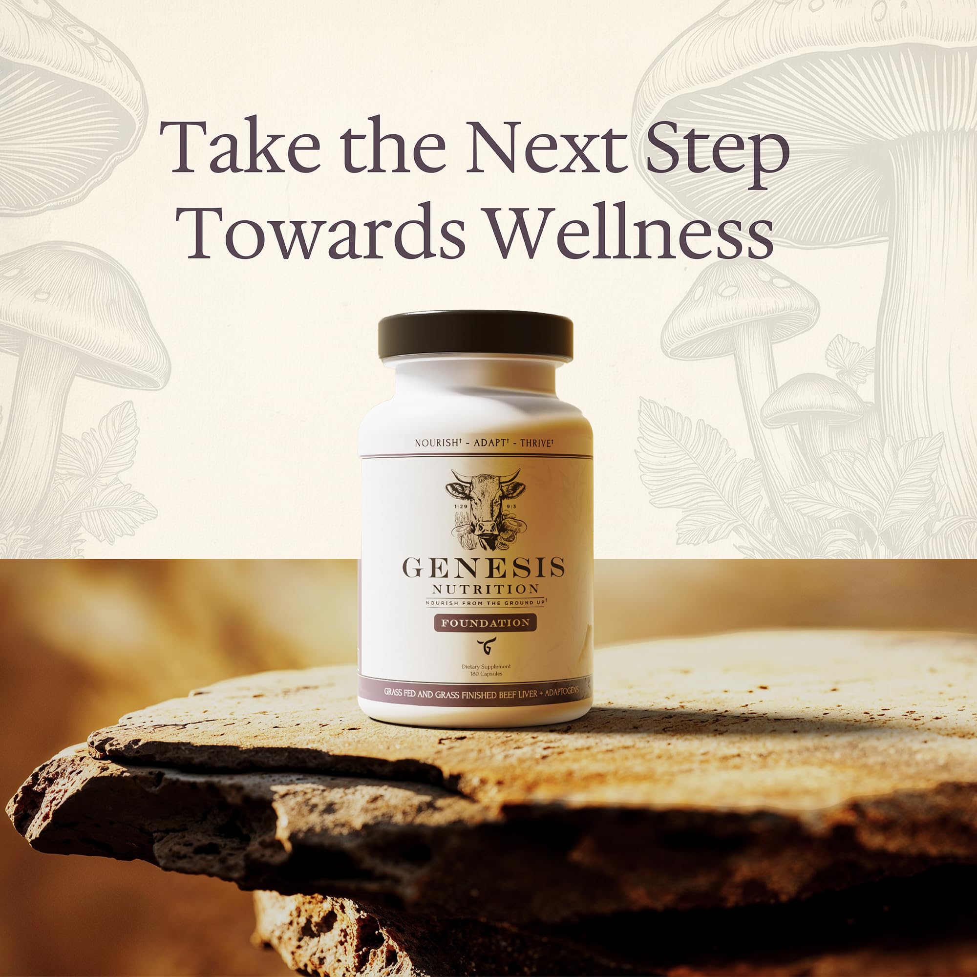 Genesis Nutrition Advanced Beef Liver with mushrooms image emphasizes adaptogens for balanced daily resilience.