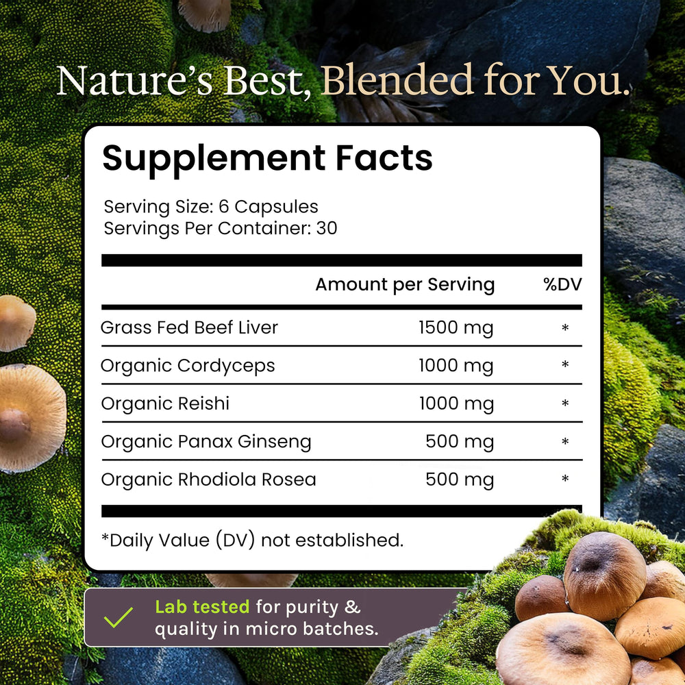Genesis Nutrition Advanced Beef Liver pills closeup shows uniform capsules for daily use.