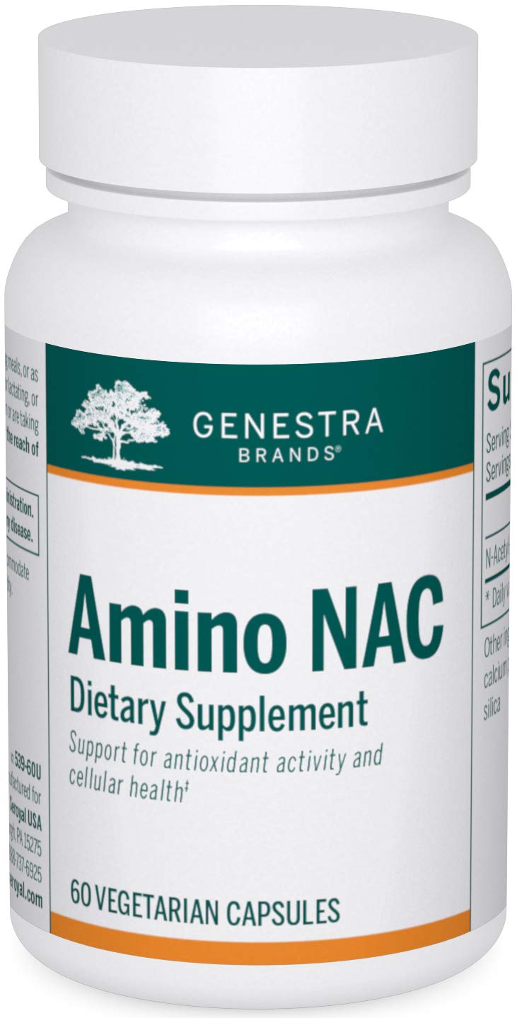 Genestra Amin NAC bottle showing vegan capsules for convenient daily antioxidant support.