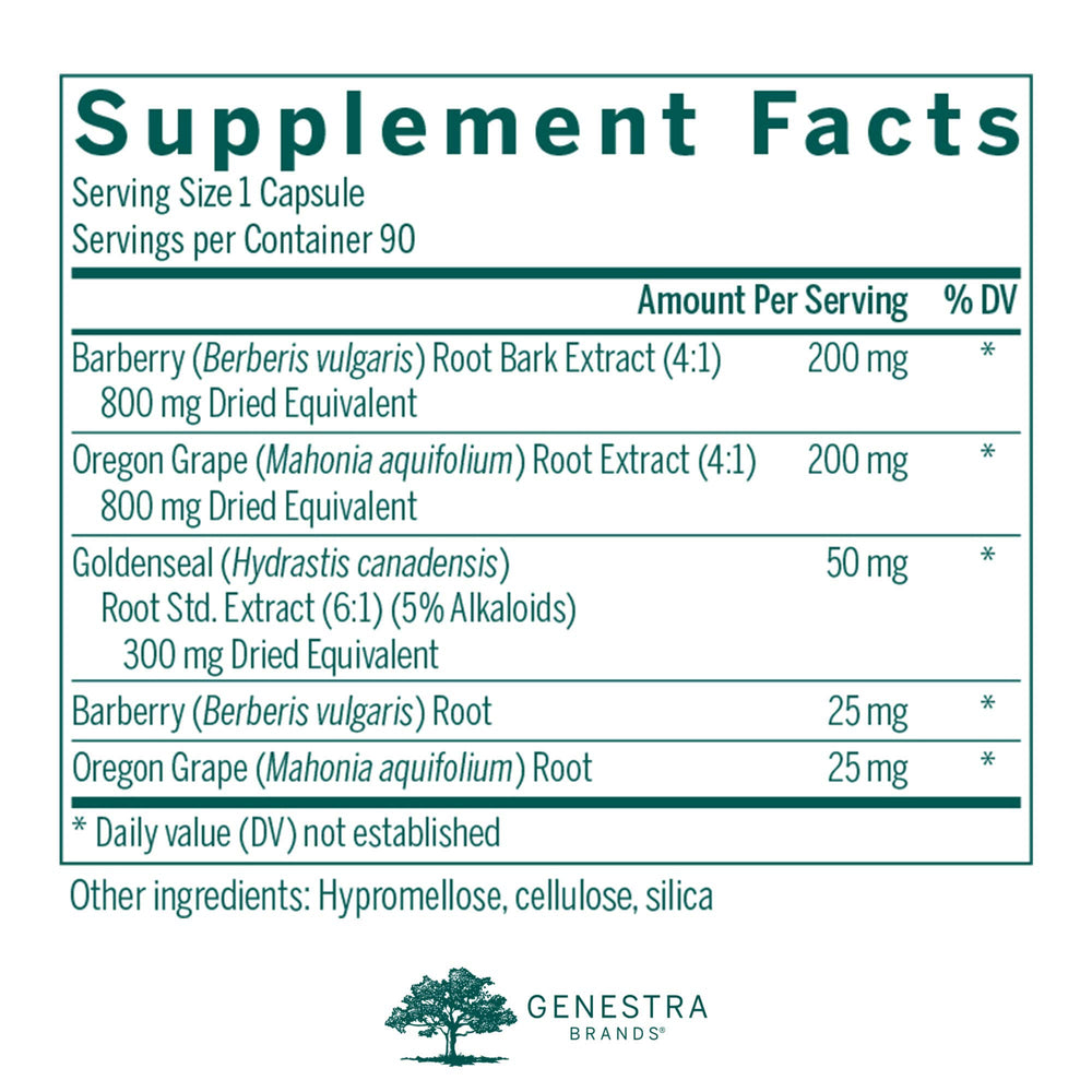 Genestra Berberis Formula bottle back shows label details of the herbal formula