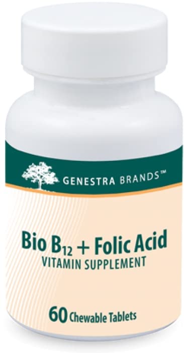 Genestra Bio B12 Folic Acid chewable tablet dispensing demonstrates easy daily supplementation.