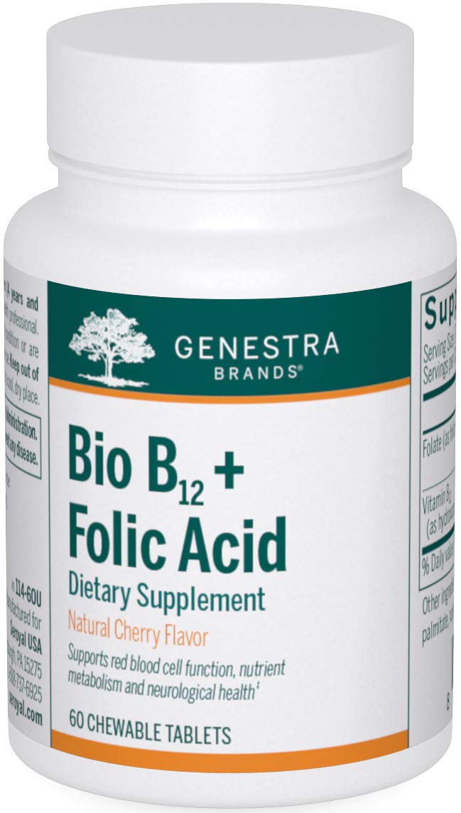 Genestra Bio B12 Folic Acid chewable tablet front view supports red blood cell formation.