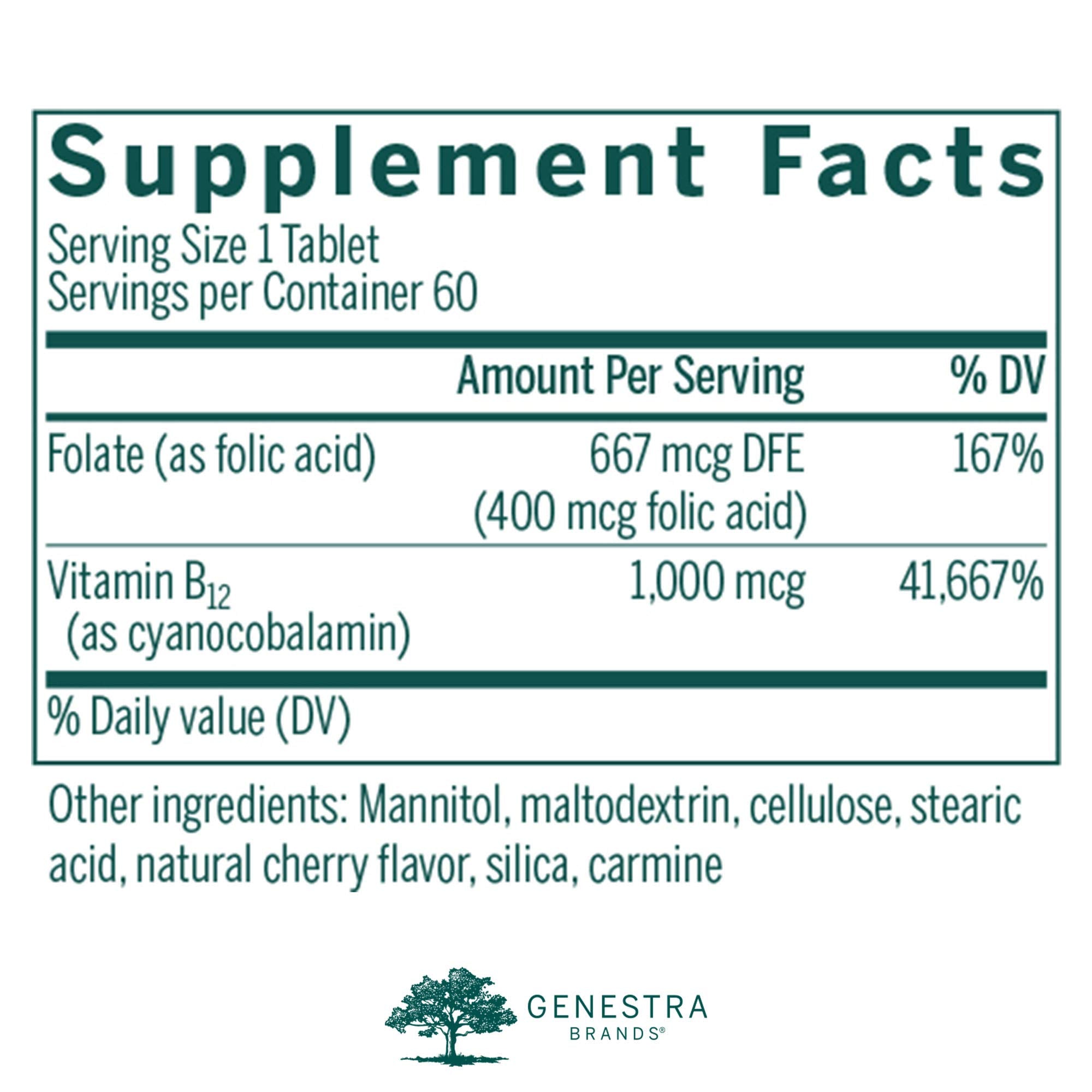 Genestra Bio B12 Folic Acid chewable tablet label close-up highlights metabolism support.