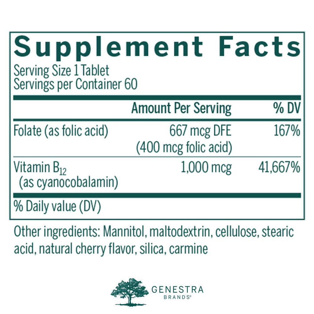 Genestra Bio B12 Folic Acid chewable tablet label close-up highlights metabolism support.