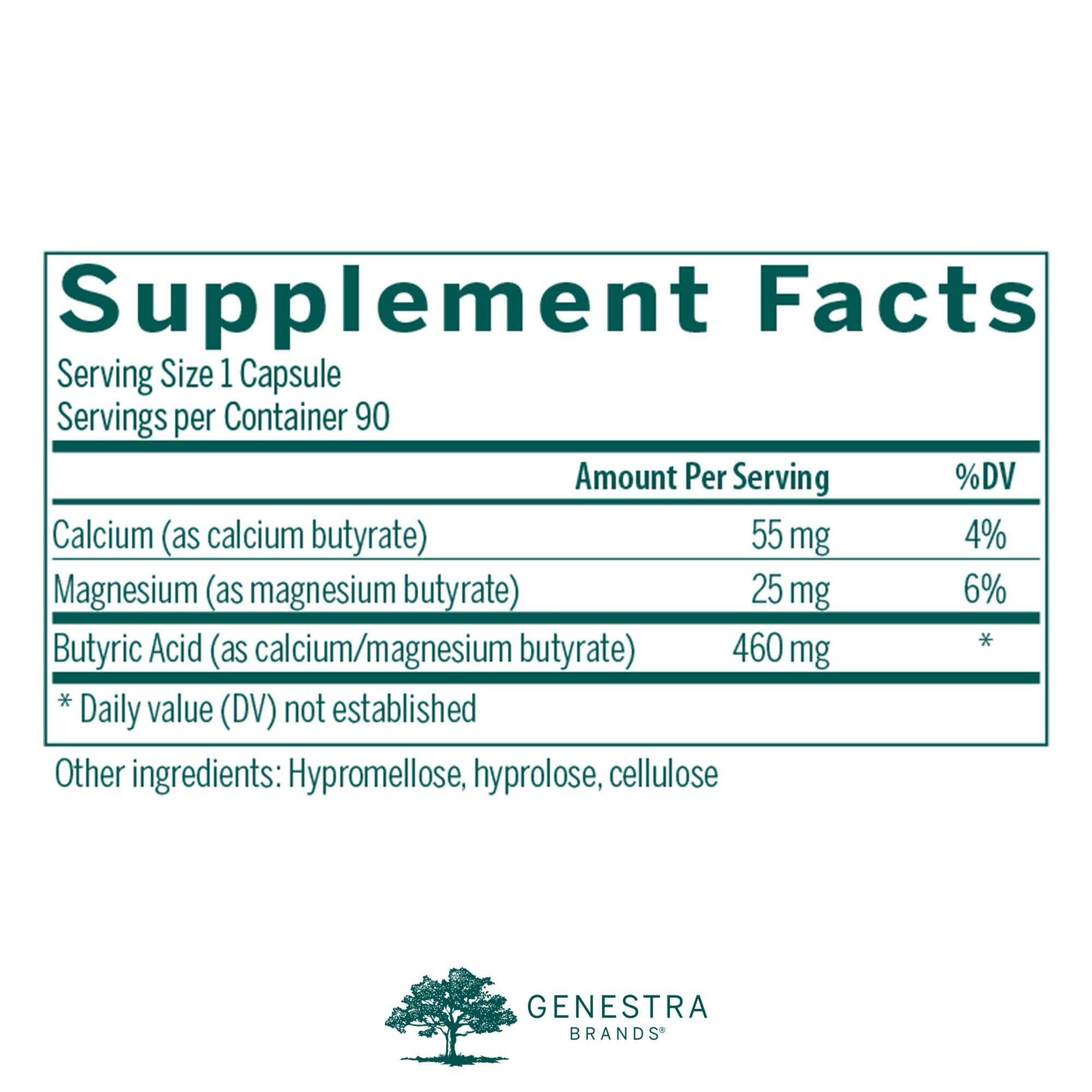 Genestra Brands Butyrate Complex capsules close-up indicating per-capsule content.