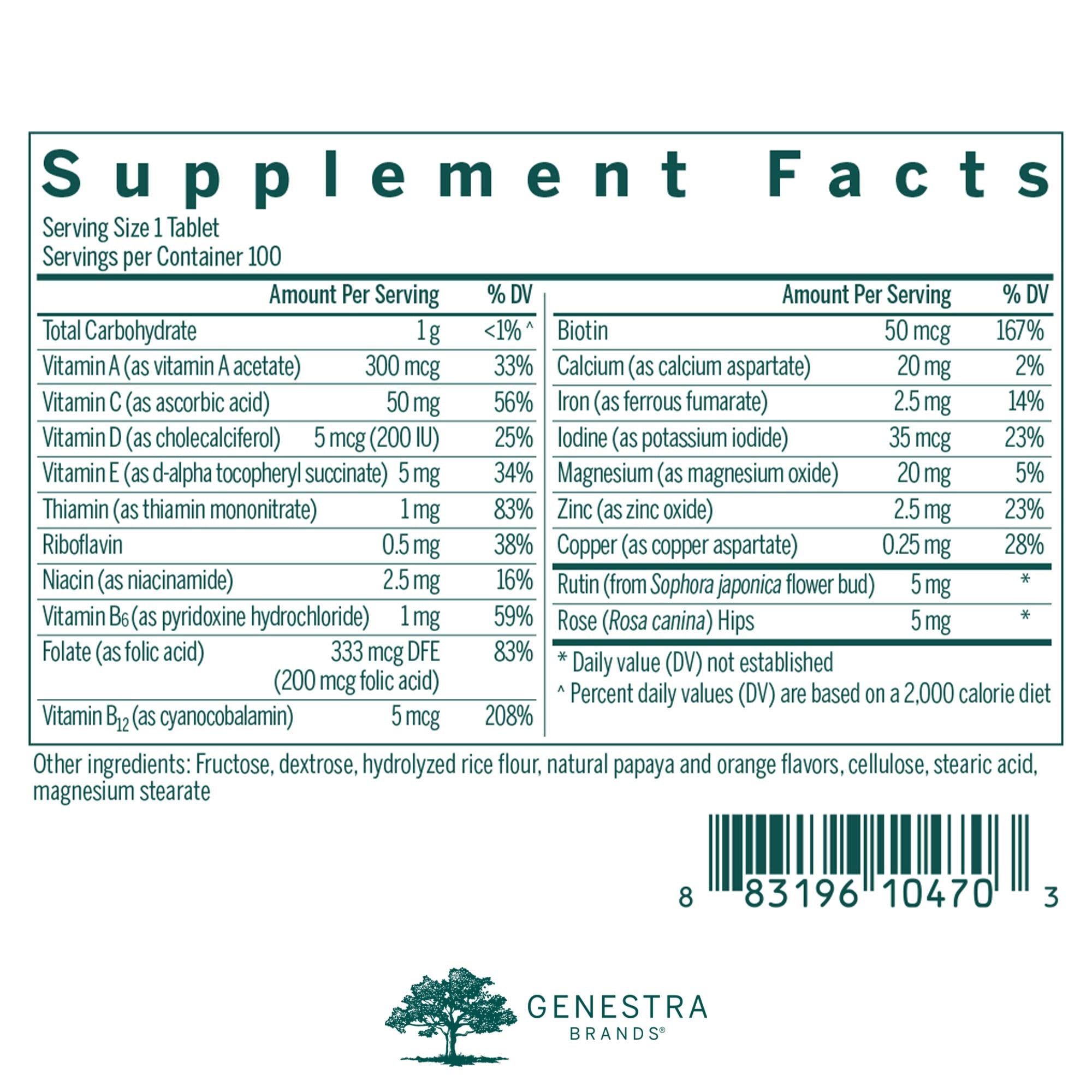 Genestra Brands Children's Chewable Vitamins tablet-closeup highlights easy-to-chew texture for young children.
