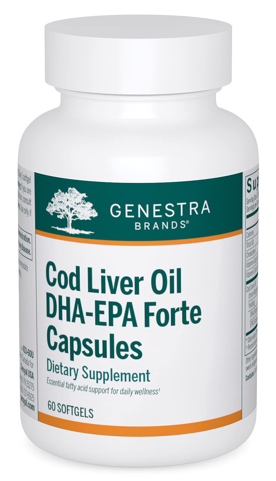 Genestra Brands Cod Liver Oil DHA-EPA Forte capsules bottle for daily omega-3 supplementation.