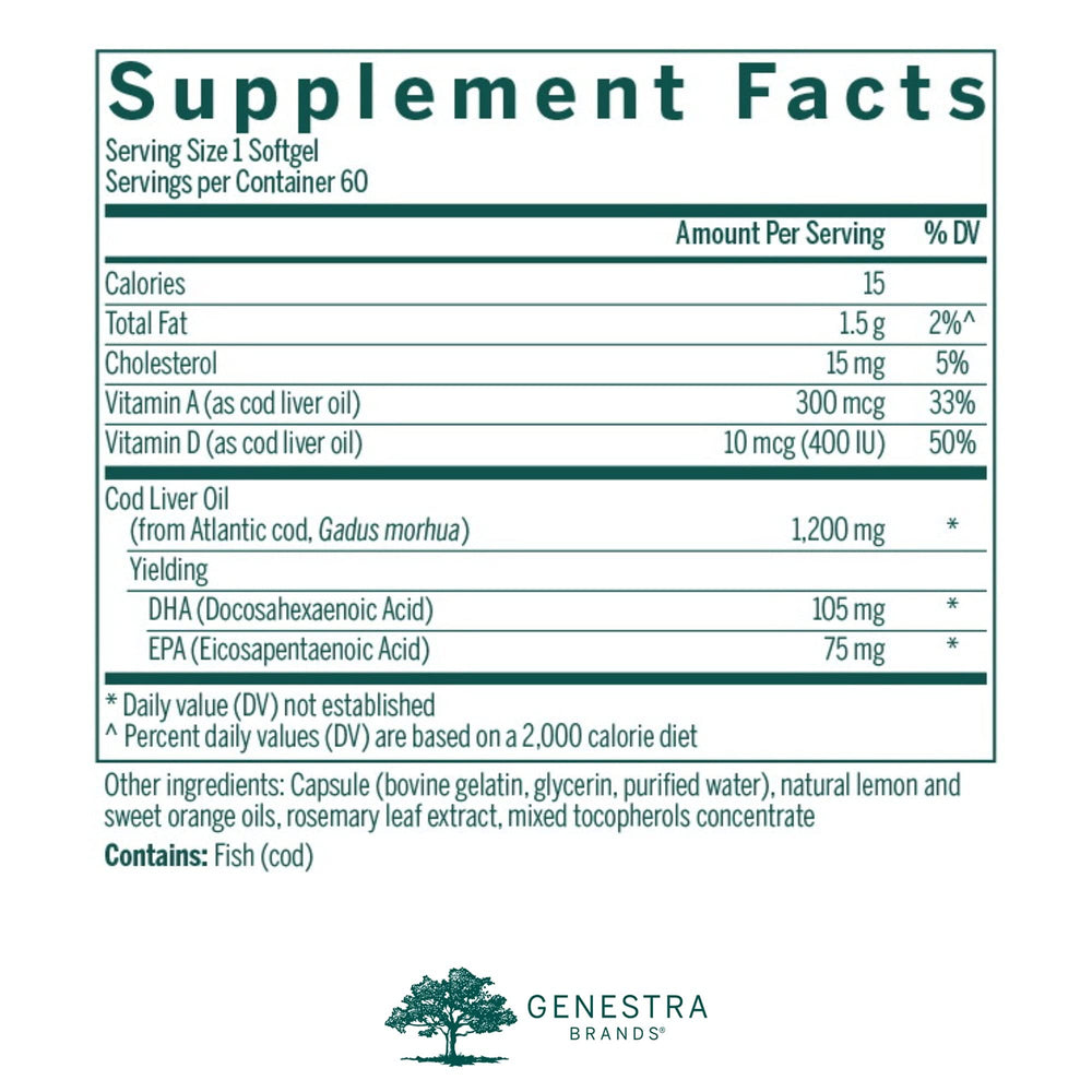Genestra Brands Cod Liver Oil DHA-EPA Forte capsules pouring for easy dosing.
