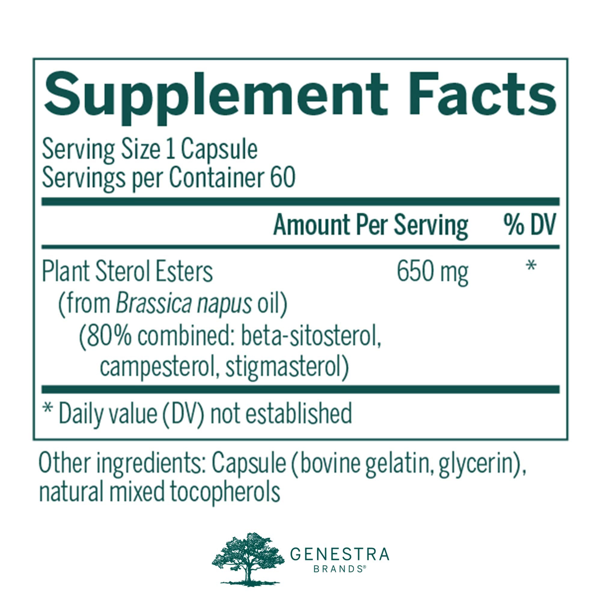 Genestra Brands Col-Sterol bottle label, clear packaging for daily lipid support.