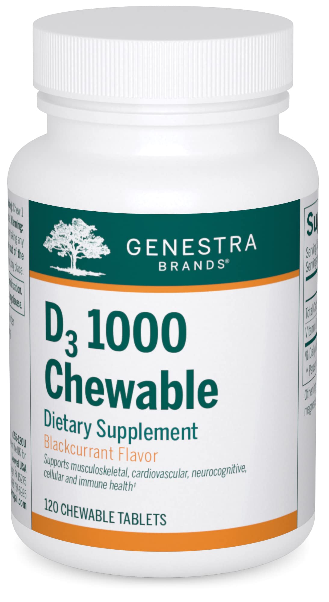 Genestra Brands D3 1000 chewable bottle with label for daily bone support