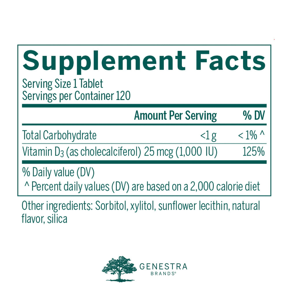 Genestra D3 1000 chewables natural blackcurrant flavor on display