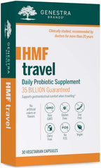 Genestra Brands HMF Travel bottle label—travel-friendly probiotic support for gut health on the go.
