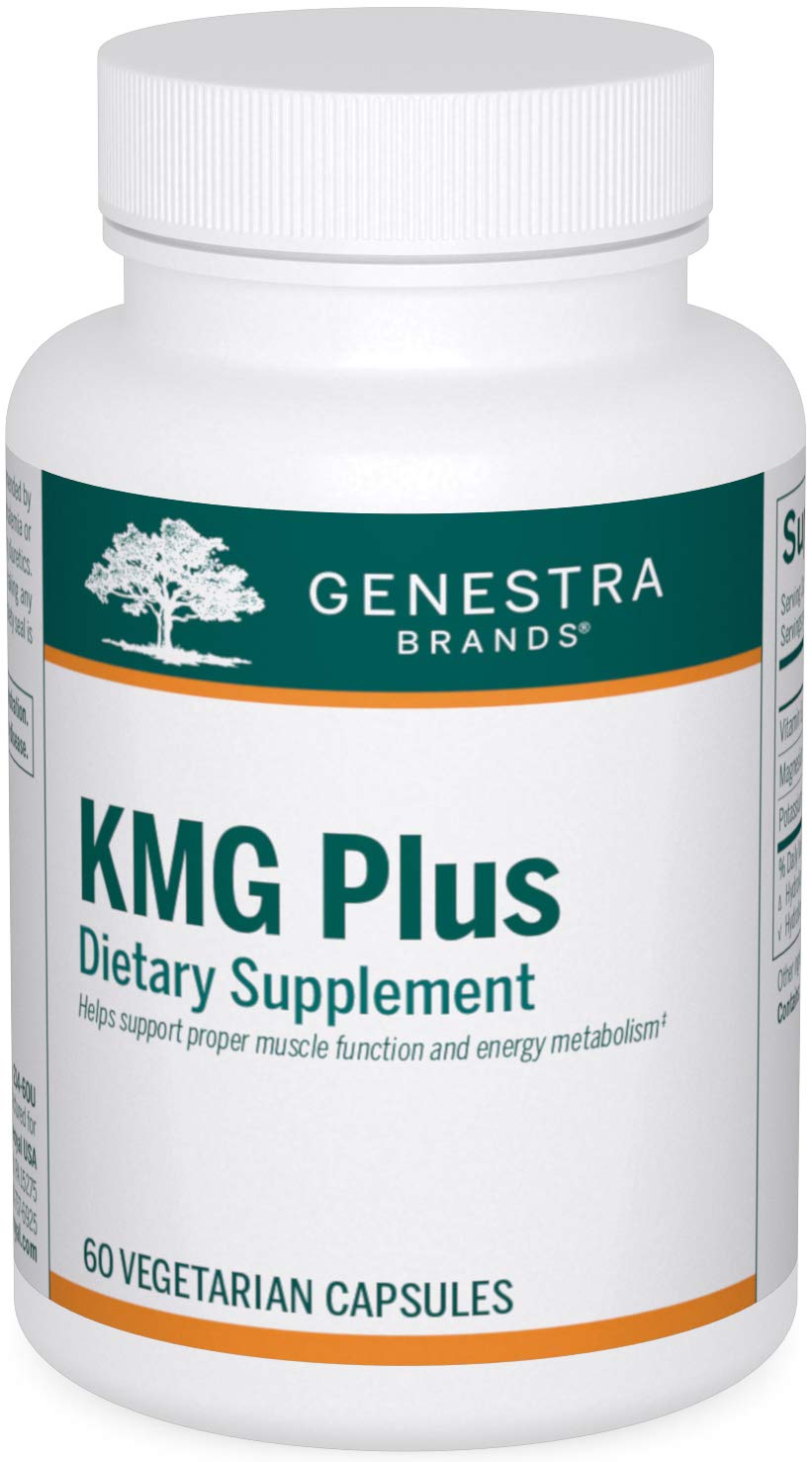 Genestra Brands KMG Plus bottle shows magnesium, potassium, and B6 for daily muscle support.