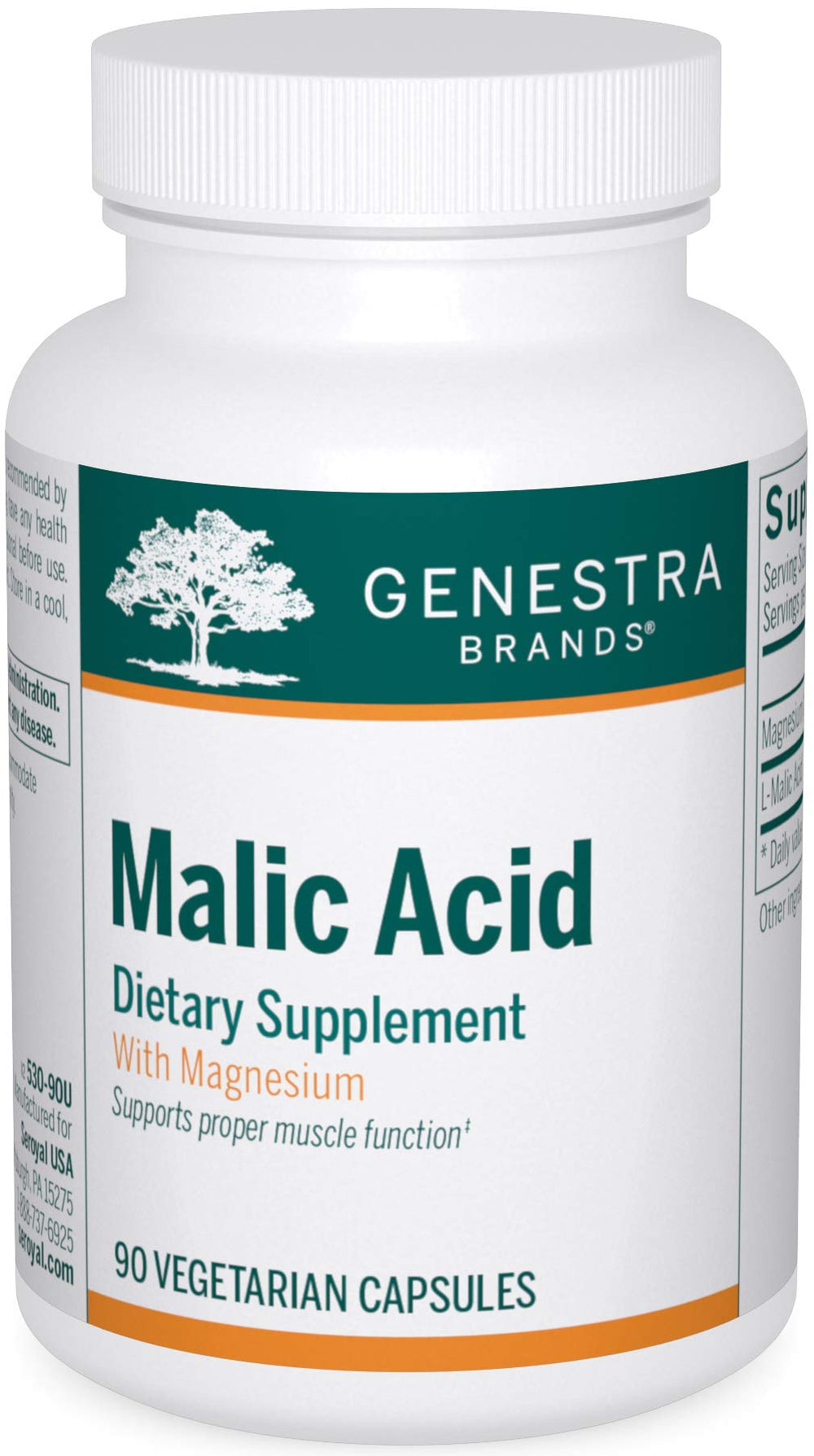 Genestra Brands Malic Acid capsules bottle front for easy daily vegan-friendly use.