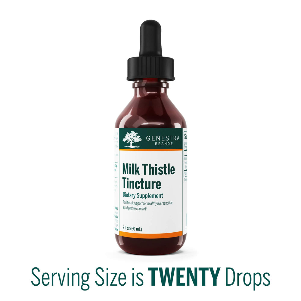 Genestra Brands Milk Thistle Tincture label closeup highlights high-quality extract.