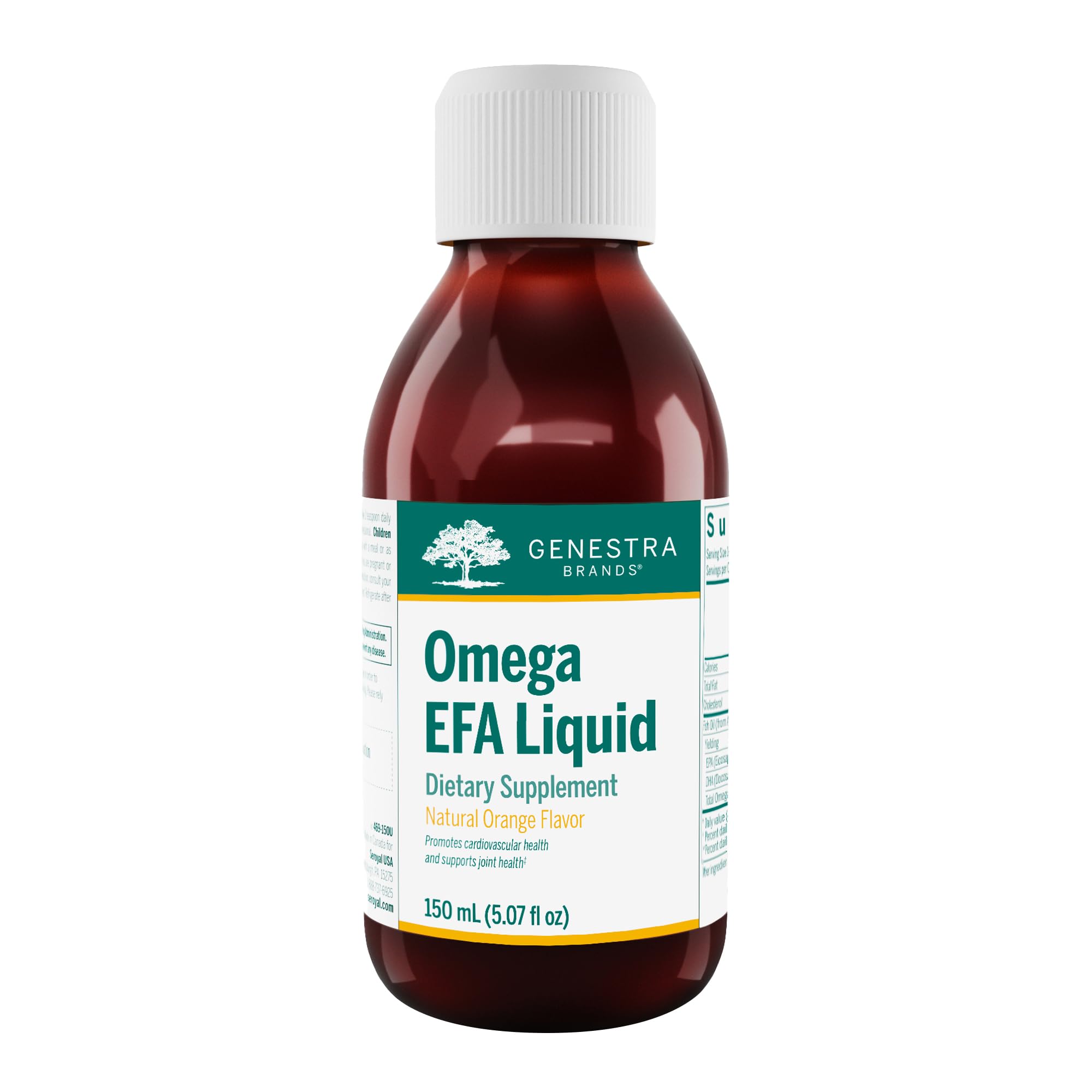 Genestra Brands Omega EFA Liquid bottle pour illustrates easy daily dosage for potential heart and joint support