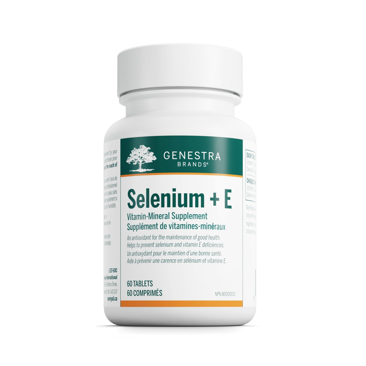 Genestra Brands Selenium + E bottle label highlighting antioxidant support for daily health