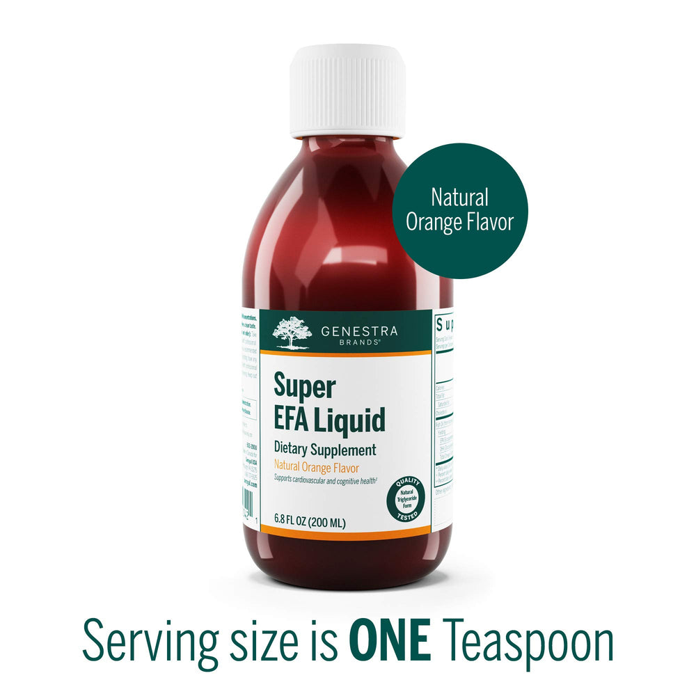 Close-up of the Super EFA Liquid label highlighting natural orange flavor