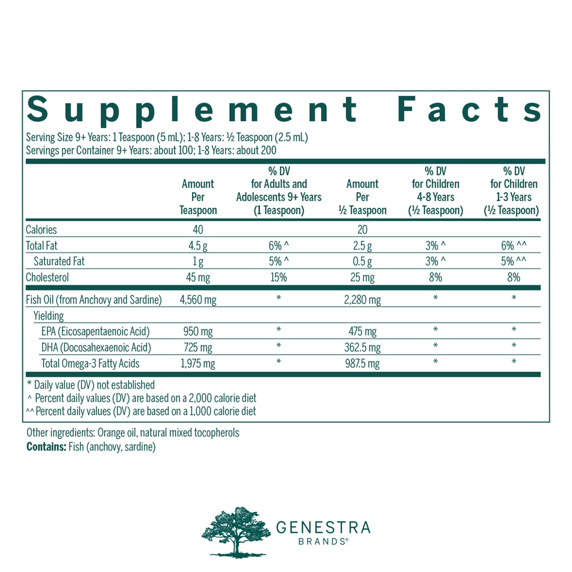 Genestra Brands Super EFA Liquid being poured highlights a natural orange flavor for daily use.